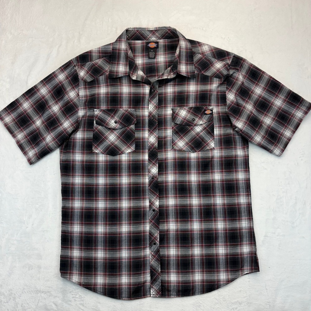 Dickies Mens 2XL Red Black Plaid Short Sleeve Snap Front Western Work Shirt
